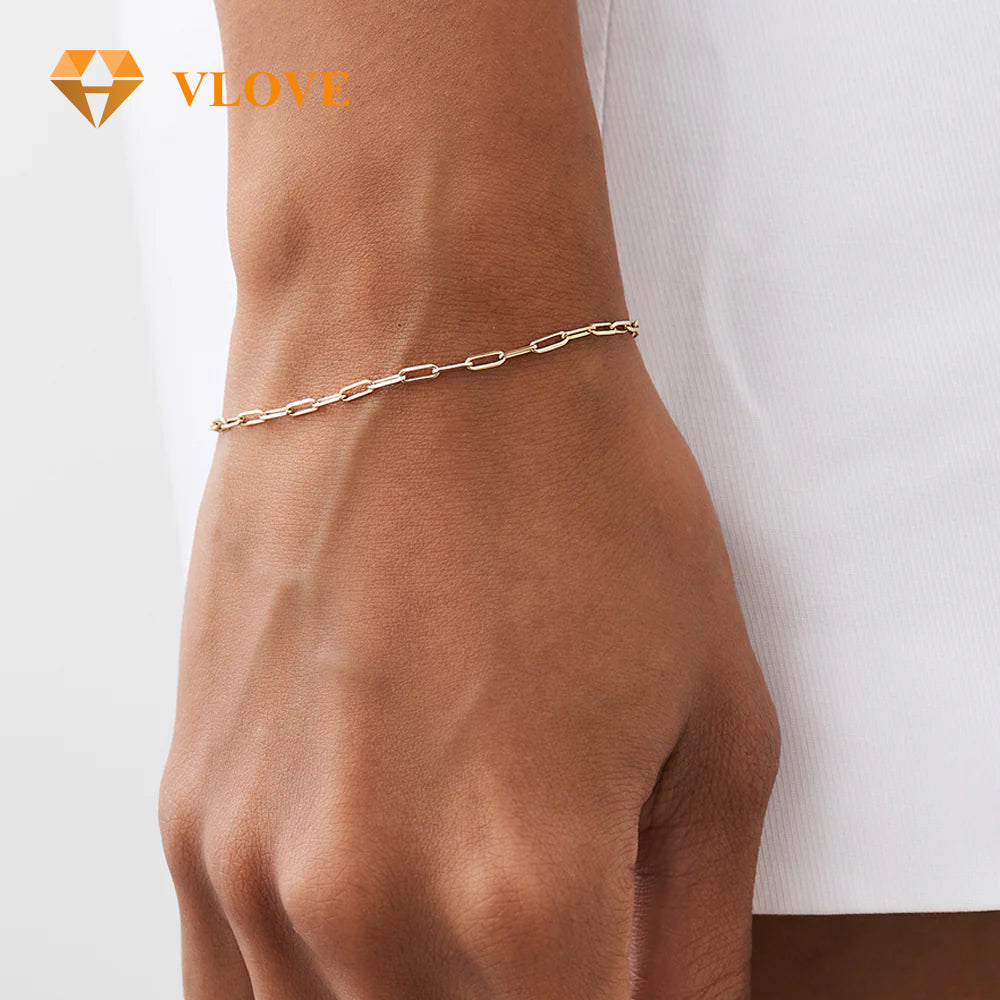 14K Gold Paper Clip Link Bracelet | Ultra Thin Chain Bracelet for Women | Minimalist Daily Jewelry | VLOVE