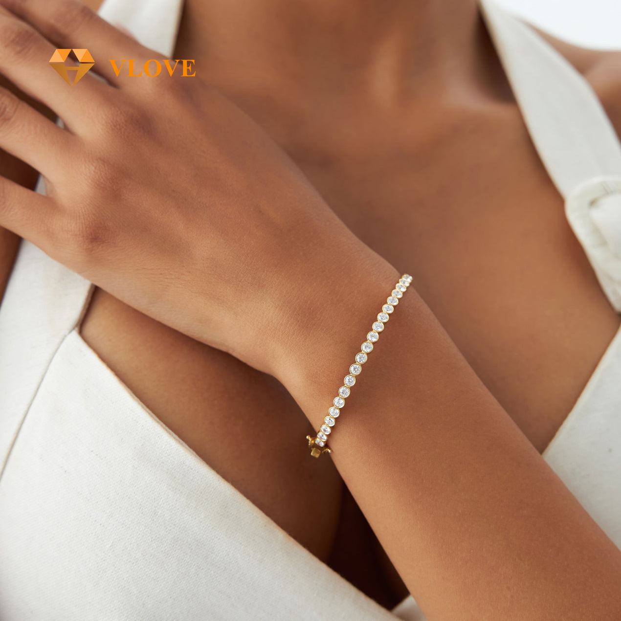 14K Gold Bezel Set Diamond Bangle | Solid Gold Luxury Bracelet for Women | Secure Setting White Stone Jewelry | VLOVE