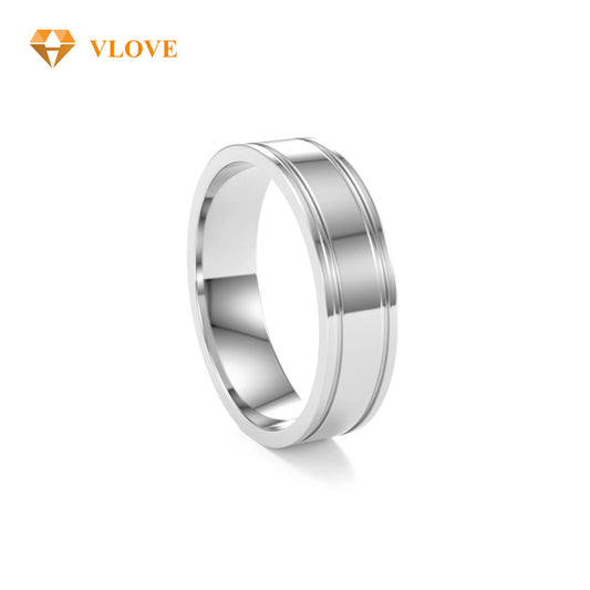 14K Solid Gold Comfort Fit Wedding Band | Flat Grooved Design High Polish Finish | VLOVE Luxury Jewelry