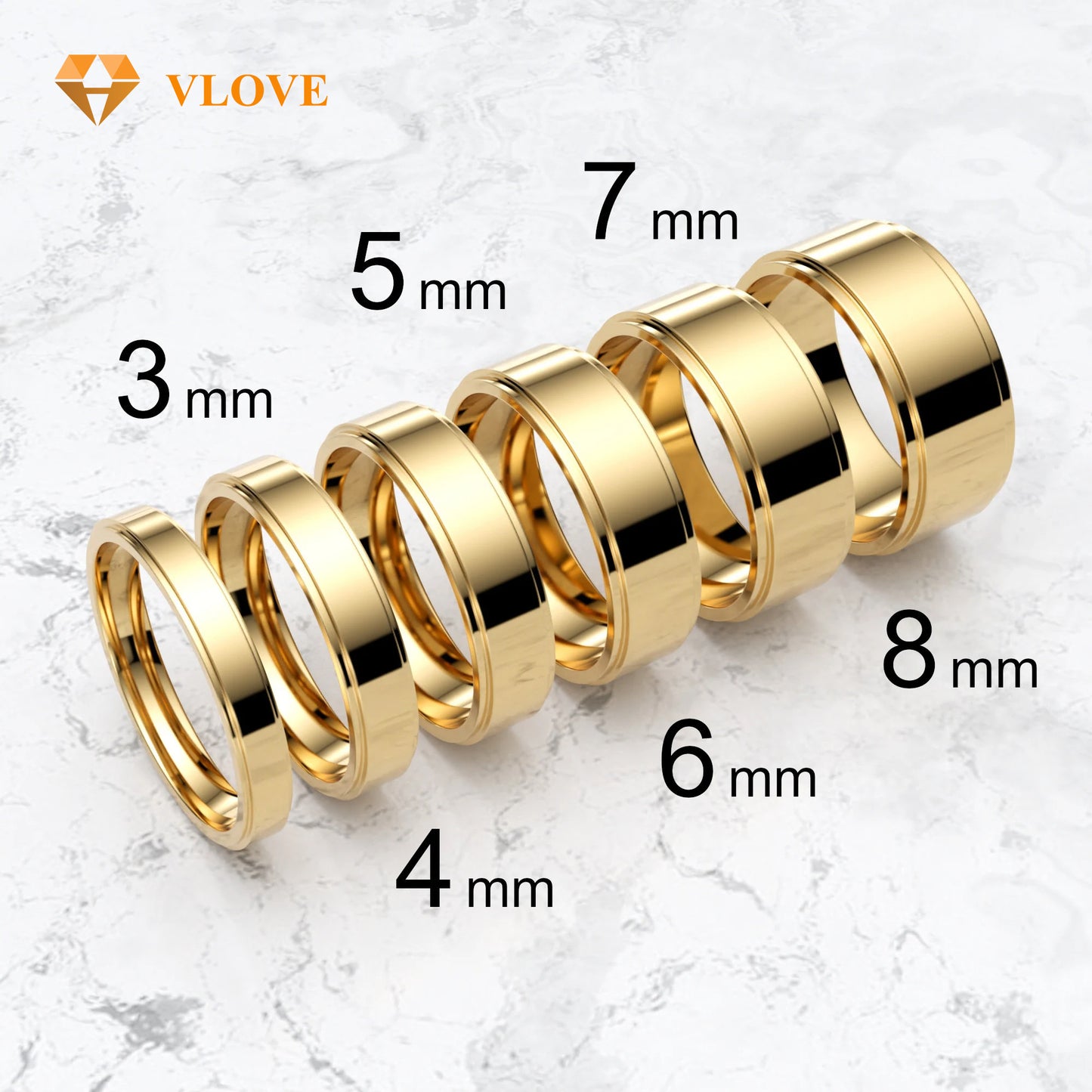 14K Solid Gold Wedding Band Set | Multiple Widths 3mm-8mm | High Polish Flat Step Edge | VLOVE Couple Rings