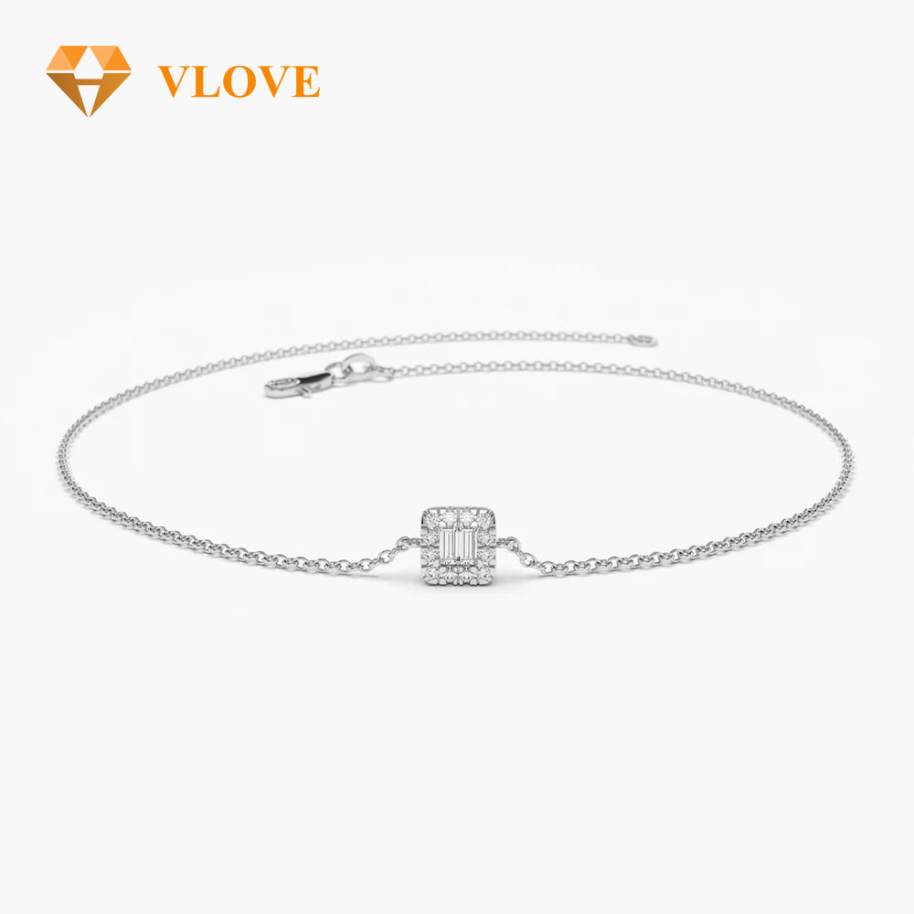 14K Gold Baguette and Round Diamond Station Bracelet | Tennis Chain Bracelet for Couples | Luxury Matching Jewelry | VLOVE