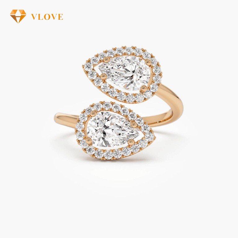 Lab Grown Diamond Halo Bypass Ring | Round & Pear Cut 1.90 CTW | 14K/18K Gold Engagement Ring for Women | VLOVE