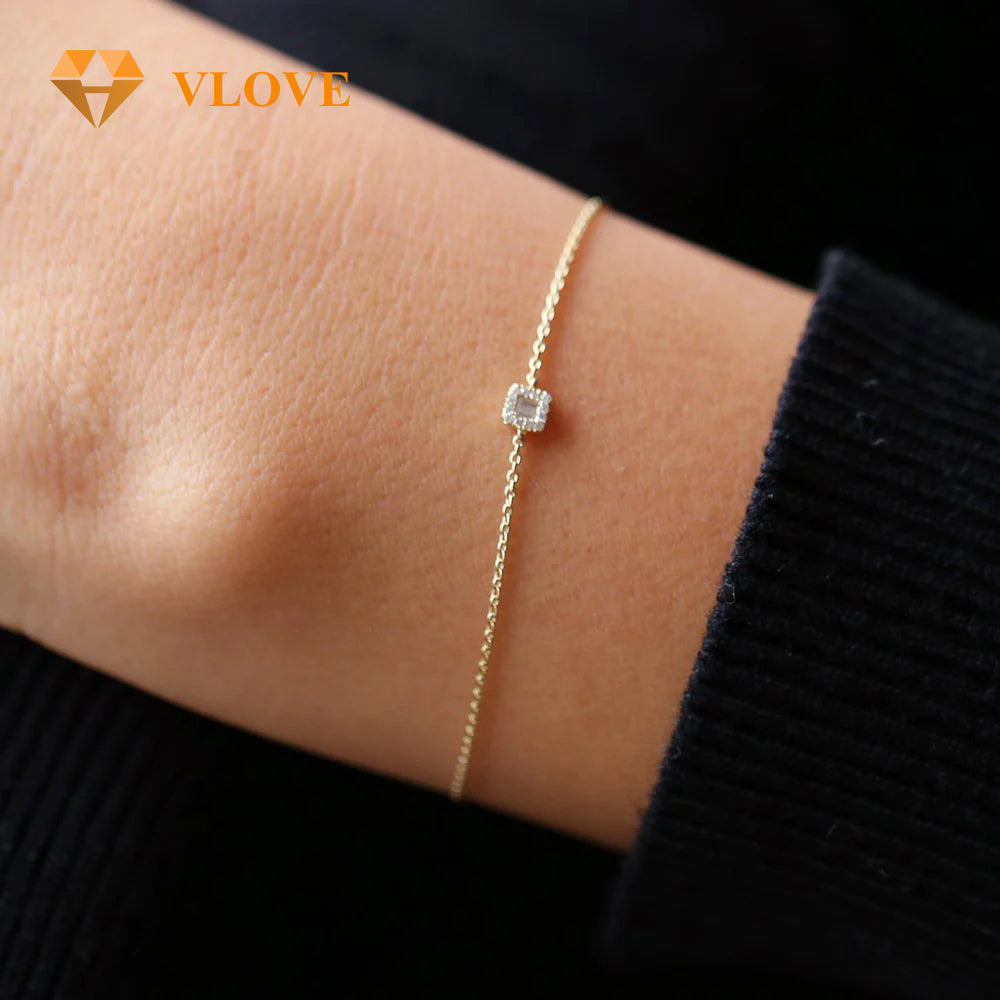 14K Gold Baguette and Round Diamond Station Bracelet | Tennis Chain Bracelet for Couples | Luxury Matching Jewelry | VLOVE