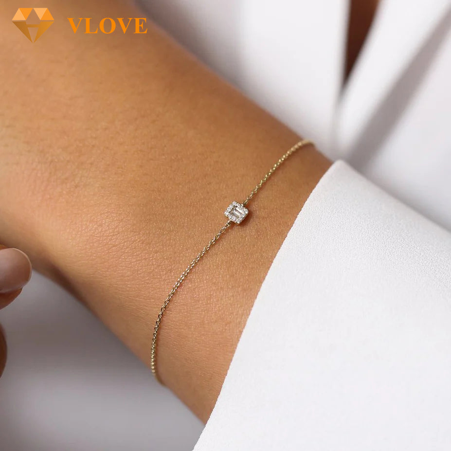 14K Gold Baguette and Round Diamond Station Bracelet | Tennis Chain Bracelet for Couples | Luxury Matching Jewelry | VLOVE