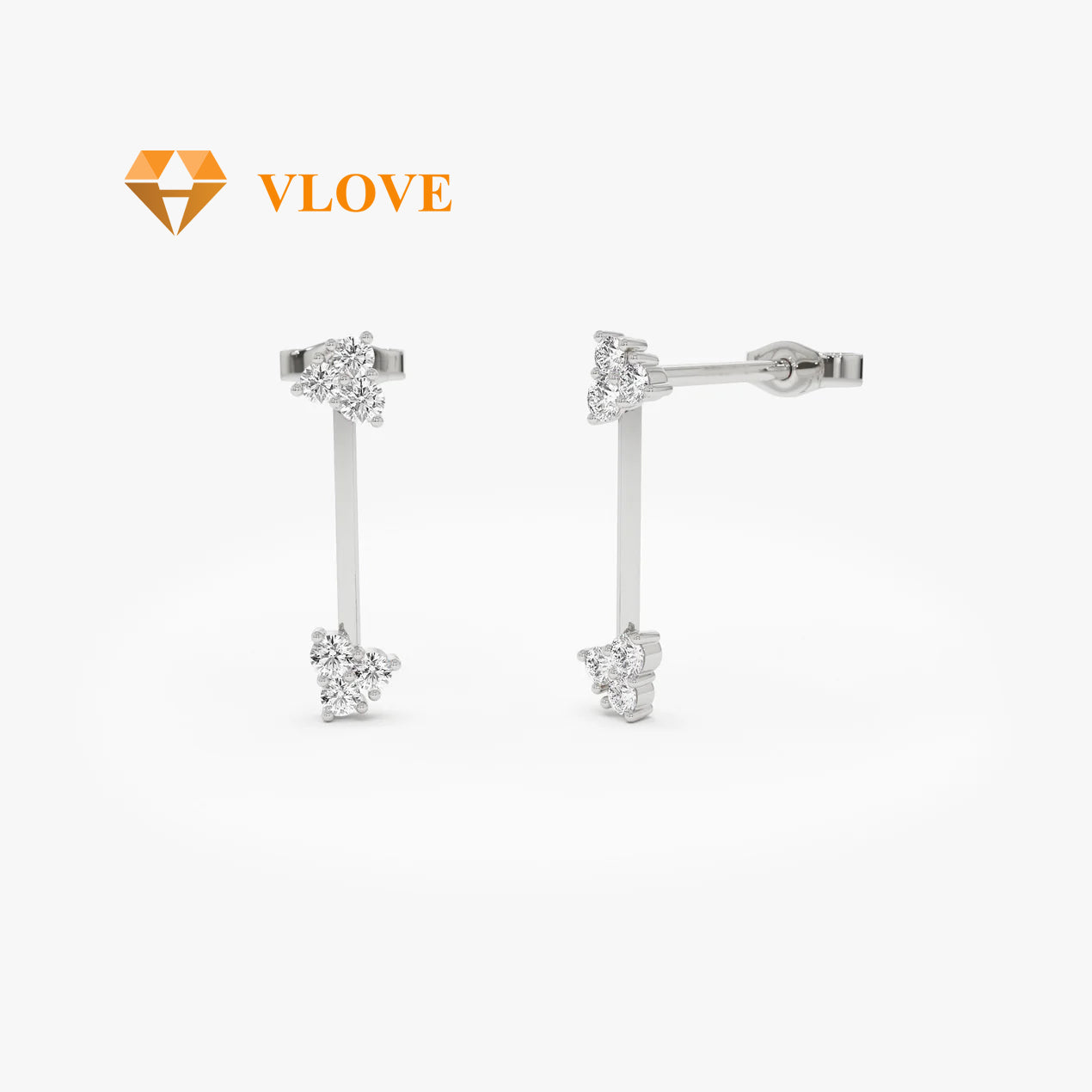 14K Vertical Bar Diamond Earrings | Geometric Triangle Studs | Natural Diamond Jewelry | VLOVE