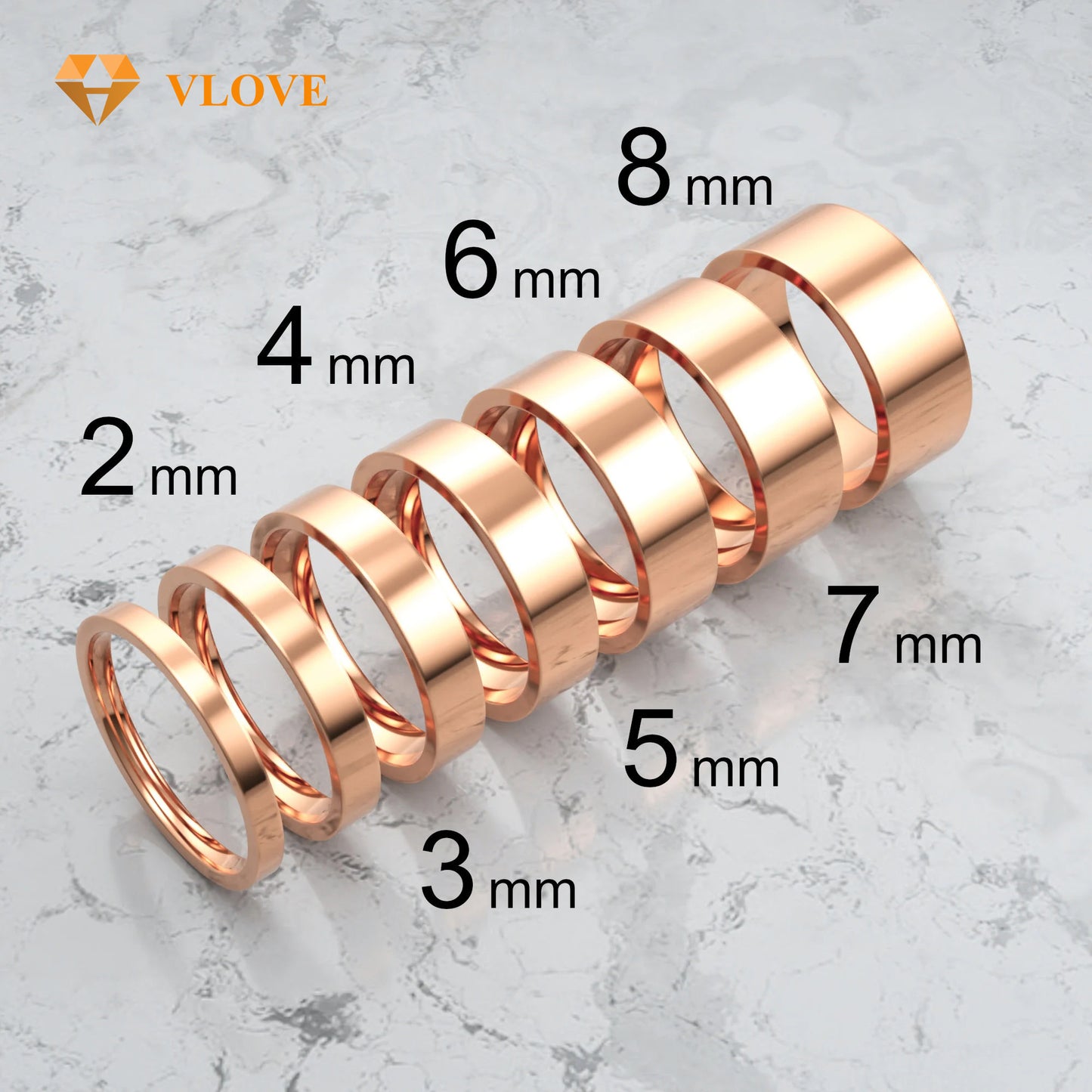 14K Solid Gold Wedding Band Set | Multiple Widths 3mm-8mm | High Polish Flat Step Edge | VLOVE Couple Rings