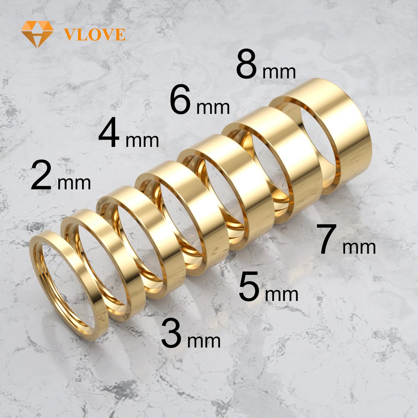 14K Solid Gold Wedding Band Set | Multiple Widths 3mm-8mm | High Polish Flat Step Edge | VLOVE Couple Rings