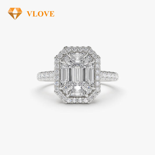 Lab Grown Emerald Cut Diamond Engagement Ring | Illusion Halo Setting 14K Gold | Personalized Wedding Band | VLOVE