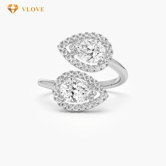 Lab Grown Diamond Halo Bypass Ring | Round & Pear Cut 1.90 CTW | 14K/18K Gold Engagement Ring for Women | VLOVE