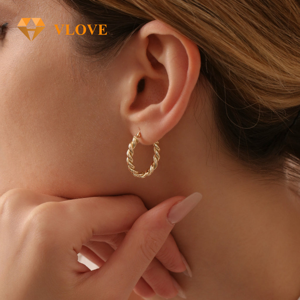 14K Twist Rope Hoop Earrings | 20MM Dangle Drop Earrings | Gold Rope Design Jewelry | VLOVE Custom