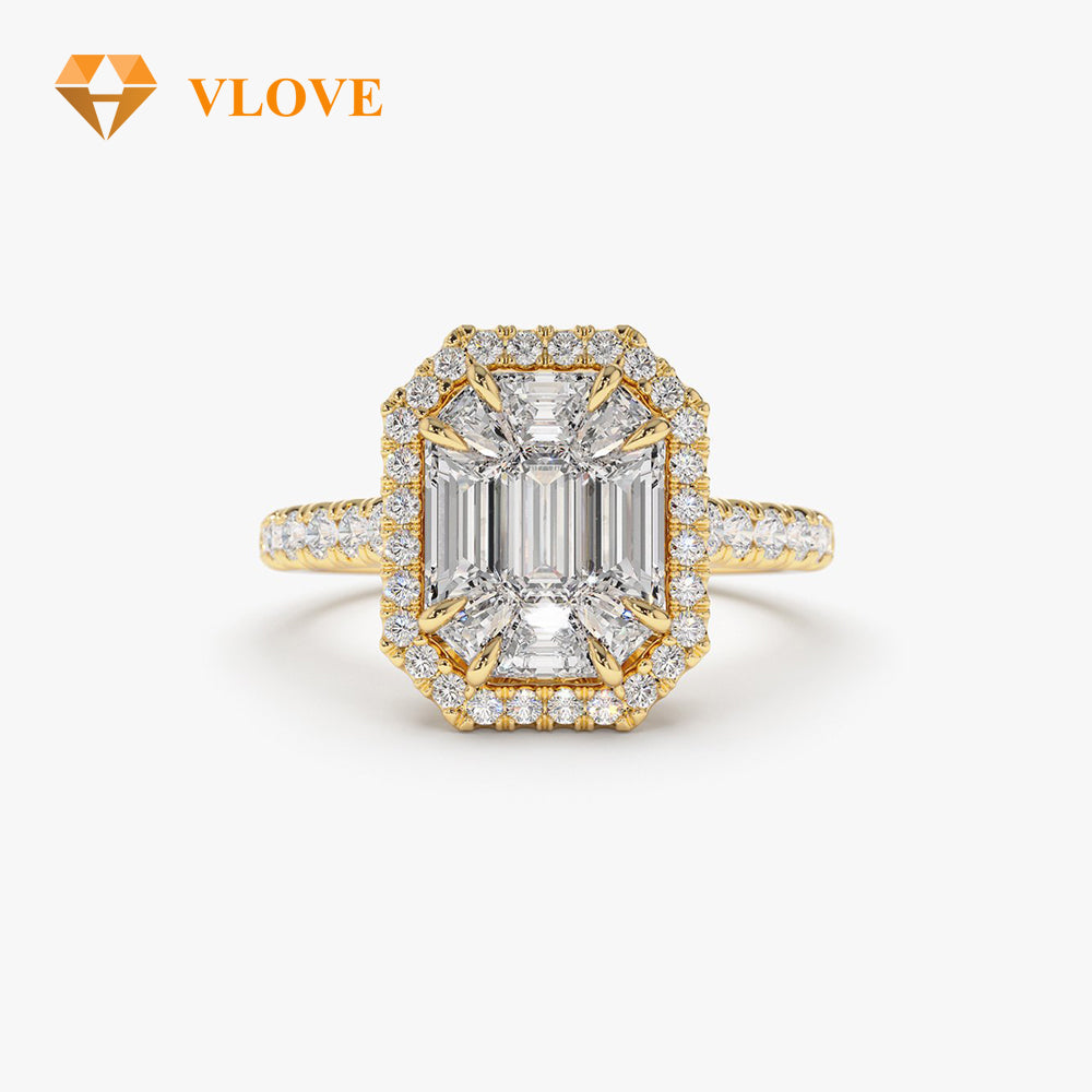 Lab Grown Emerald Cut Diamond Engagement Ring | Illusion Halo Setting 14K Gold | Personalized Wedding Band | VLOVE