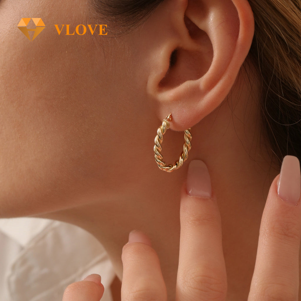 14K Twist Rope Hoop Earrings | 20MM Dangle Drop Earrings | Gold Rope Design Jewelry | VLOVE Custom