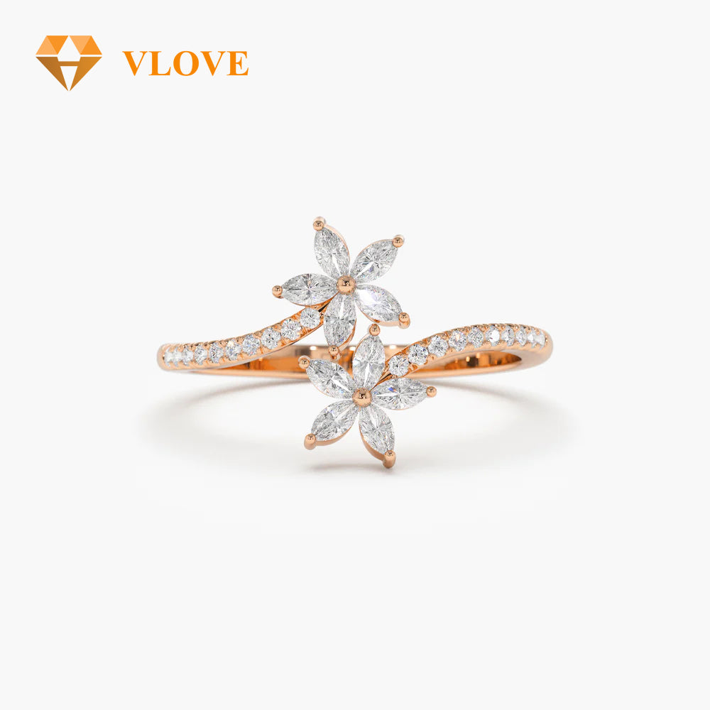 Super VLOVE Custom Jewelry Manufacturer Real Certified Natural Diamond Engagement Ring Marquise Diamond Bypass Flower Ring in 14K