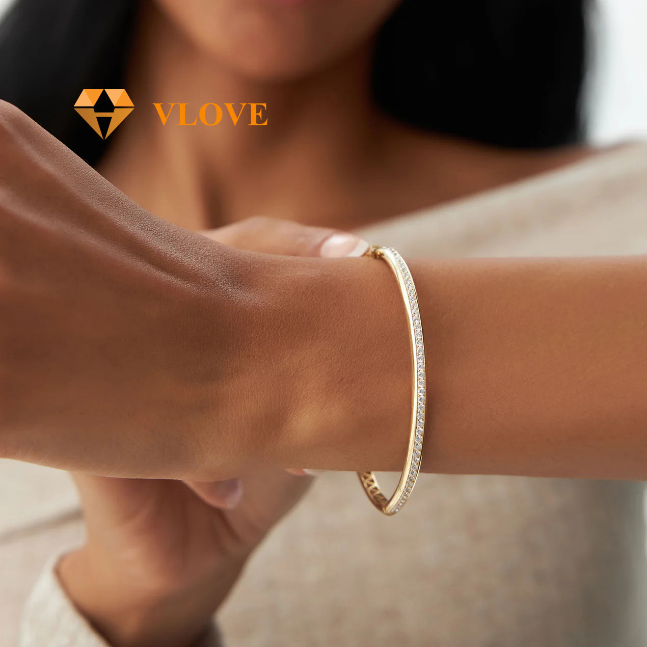 14K Solid Gold 1.00 CTW Round Diamond Bangle | Luxury Statement Bracelet for Women | Certified Fine Jewelry | VLOVE