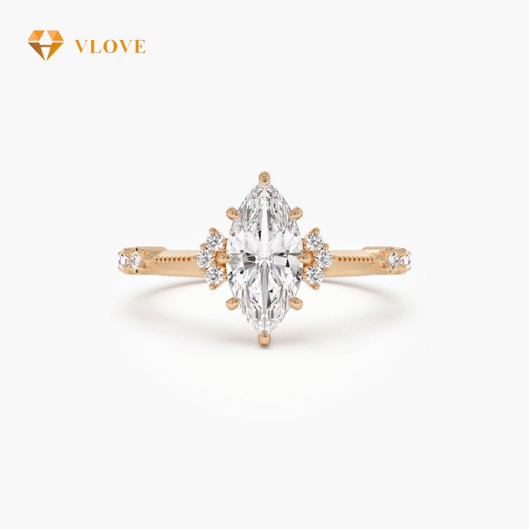Lab Diamond Engagement Ring | Marquise & Round Cut 1.10 CTW | 14K Gold Art Deco Ring | VLOVE Premium Jewelry for Women