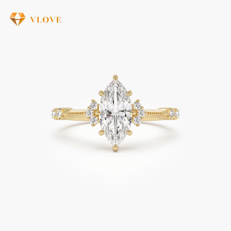 Lab Diamond Engagement Ring | Marquise & Round Cut 1.10 CTW | 14K Gold Art Deco Ring | VLOVE Premium Jewelry for Women