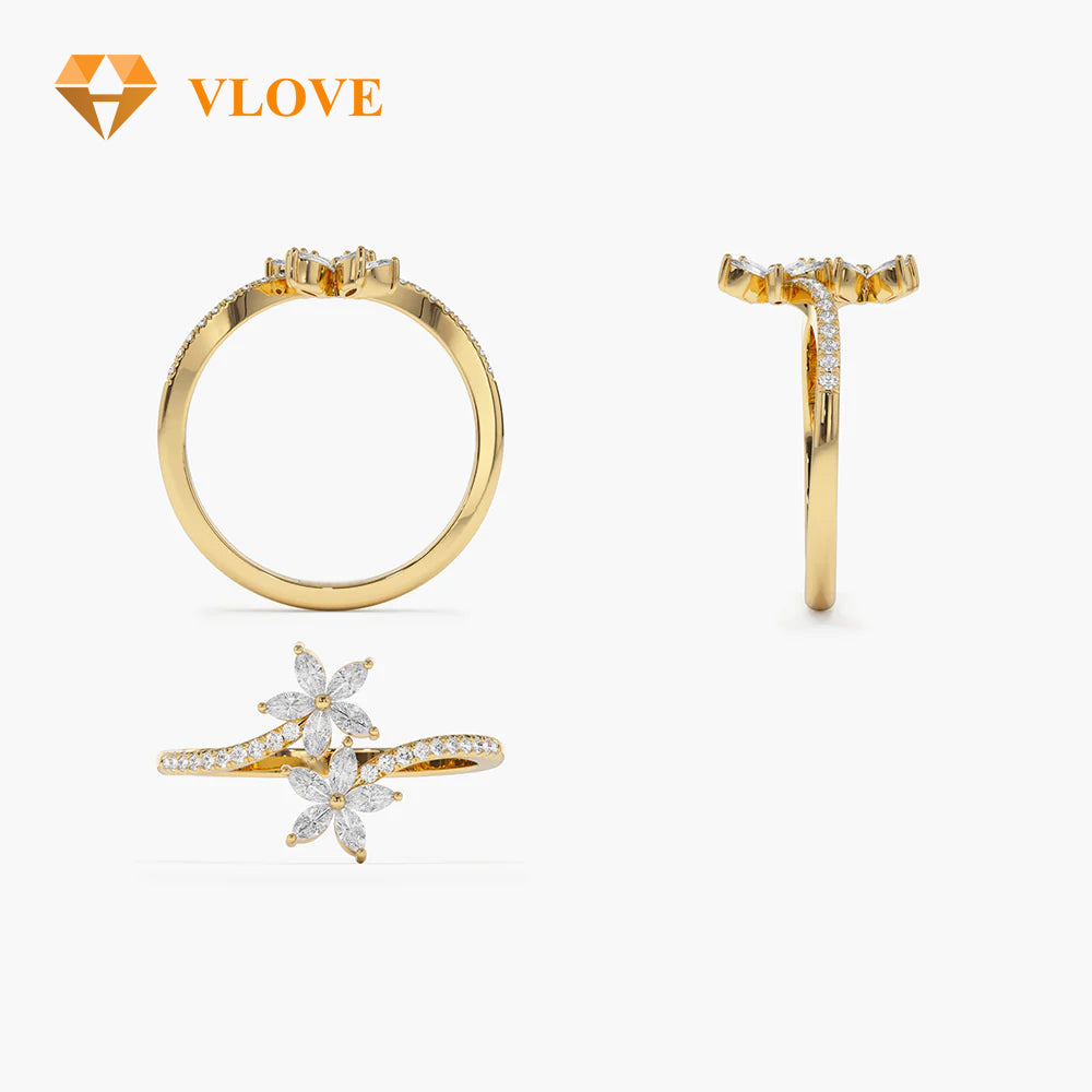 Super VLOVE Custom Jewelry Manufacturer Real Certified Natural Diamond Engagement Ring Marquise Diamond Bypass Flower Ring in 14K