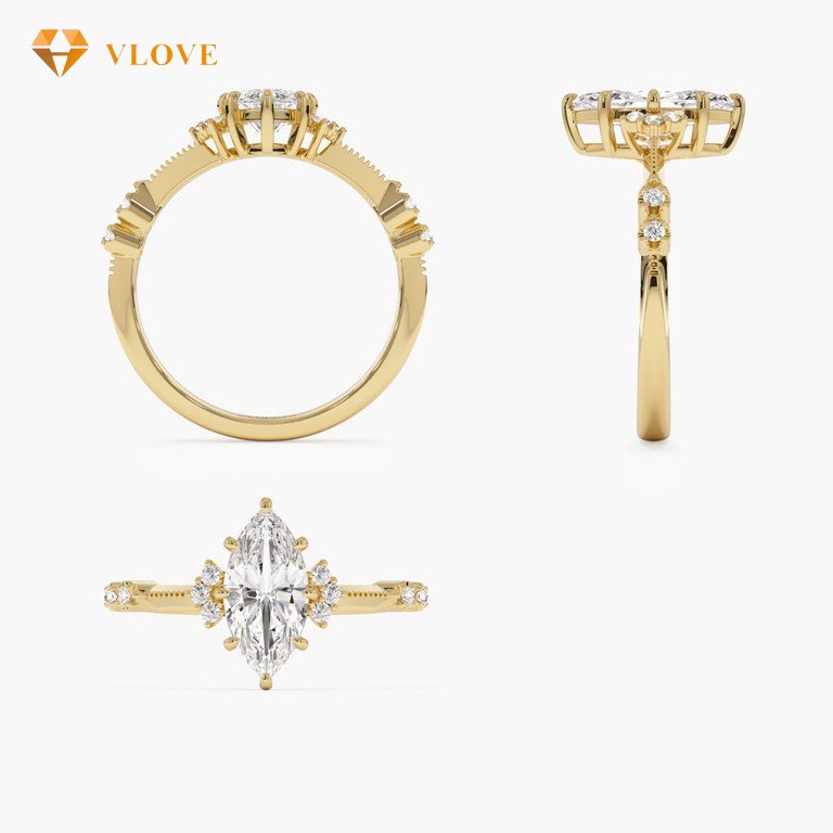 Lab Diamond Engagement Ring | Marquise & Round Cut 1.10 CTW | 14K Gold Art Deco Ring | VLOVE Premium Jewelry for Women