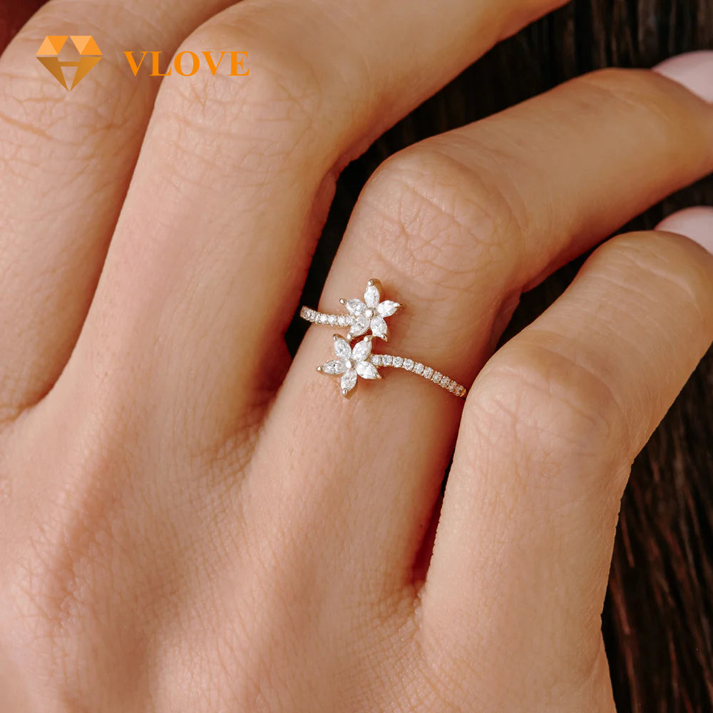 Super VLOVE Custom Jewelry Manufacturer Real Certified Natural Diamond Engagement Ring Marquise Diamond Bypass Flower Ring in 14K