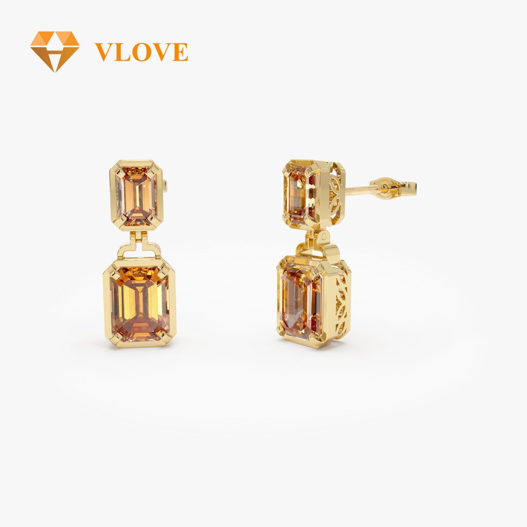 14K Gold Purple Amethyst Dangle Earrings | Customizable Gemstone Drop Earrings | Yellow Citrine Green Peridot London Blue Topaz Red Garnet | VLOVE