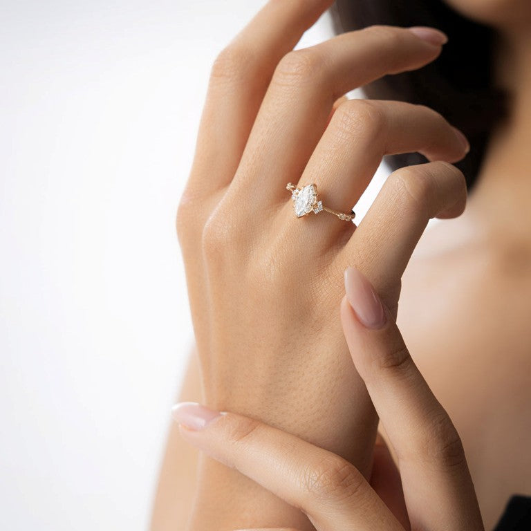 Lab Diamond Engagement Ring | Marquise & Round Cut 1.10 CTW | 14K Gold Art Deco Ring | VLOVE Premium Jewelry for Women