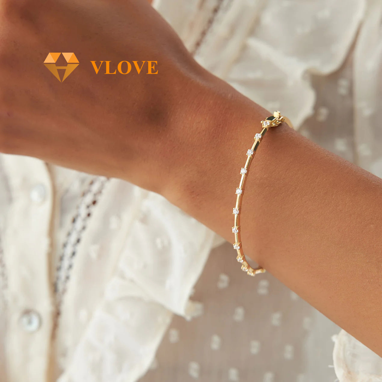 14K Gold Bar & Round Cut Diamond Open Bangle | 0.50 CTW Graduated Diamond Bracelet for Lovers | Minimalist Luxury Jewelry | VLOVE