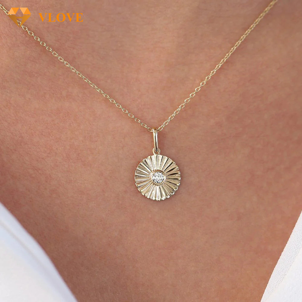 Bezel Set Diamond Disc Necklace | 14K Gold Statement Pendant | Natural Diamond Jewelry for Women | VLOVE