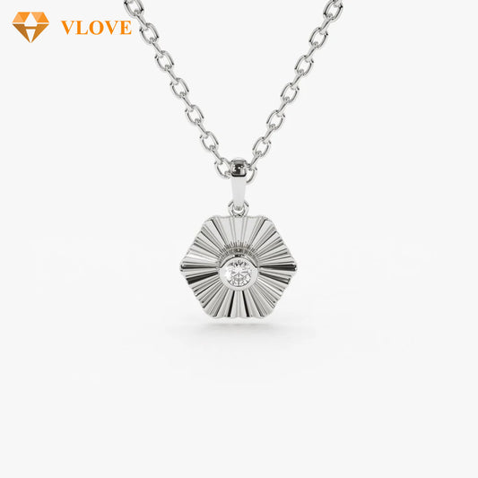 Hexagon Diamond Necklace | 14K Gold Ray Disc Pendant | Customizable Jewelry for Women | VLOVE
