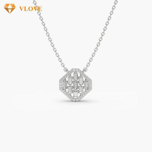 Baguette Diamond Halo Necklace | 14K Gold Spring Collection | Women's Fashion Jewelry with Certified Natural Diamonds | VLOVE