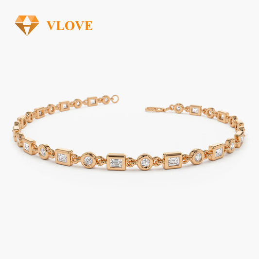 14K Gold Round & Baguette Lab Diamond Party Bracelet | Mixed Cut Sparkling Chain | Women's Luxury Event Jewelry | VLOVE