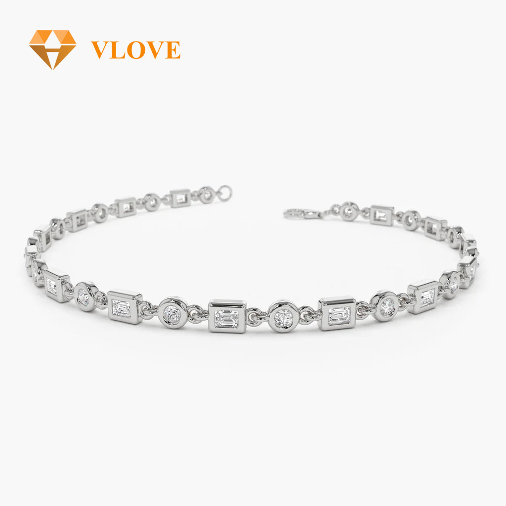 14K Gold Round & Baguette Lab Diamond Party Bracelet | Mixed Cut Sparkling Chain | Women's Luxury Event Jewelry | VLOVE