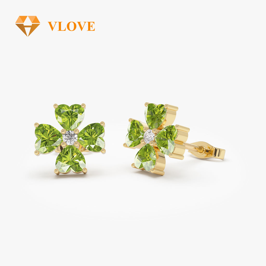 14K Garnet Amethyst Peridot Topaz Citrine Clover Stud Earrings | Four Leaf Lucky Charm with Gemstone Accent | Semi-Precious Gemstone Jewelry | VLOVE