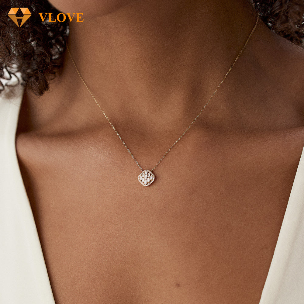 Baguette Diamond Halo Necklace | 14K Gold Spring Collection | Women's Fashion Jewelry with Certified Natural Diamonds | VLOVE