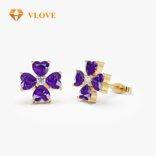 14K Garnet Amethyst Peridot Topaz Citrine Clover Stud Earrings | Four Leaf Lucky Charm with Gemstone Accent | Semi-Precious Gemstone Jewelry | VLOVE