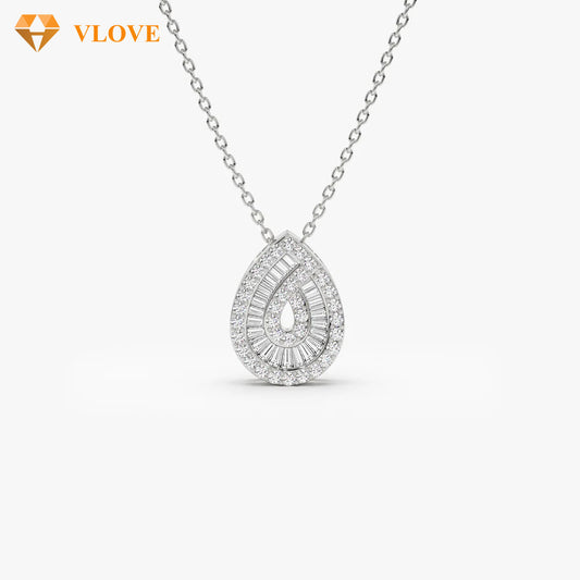 Teardrop Diamond Necklace | 14K Gold Baguette & Round Cut Natural Diamonds | Statement Pendant Jewelry | VLOVE
