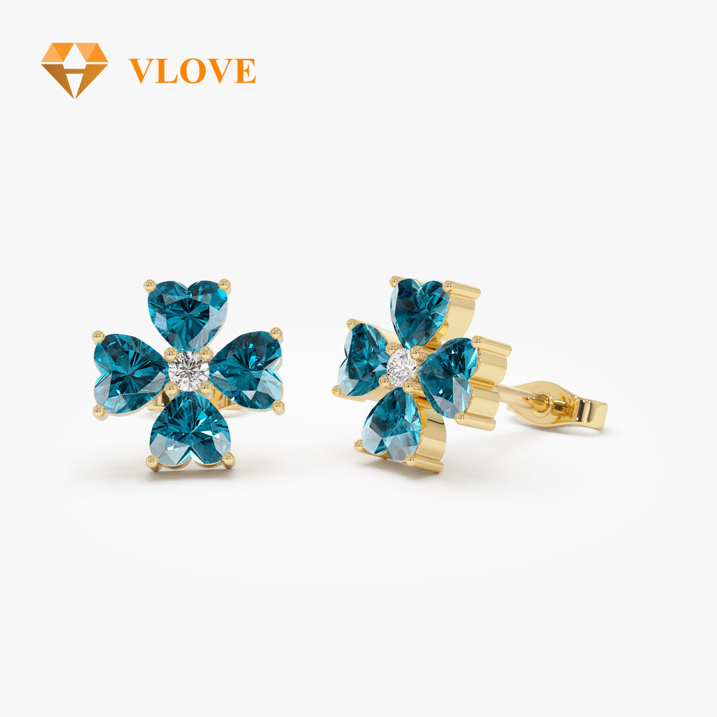 14K Garnet Amethyst Peridot Topaz Citrine Clover Stud Earrings | Four Leaf Lucky Charm with Gemstone Accent | Semi-Precious Gemstone Jewelry | VLOVE