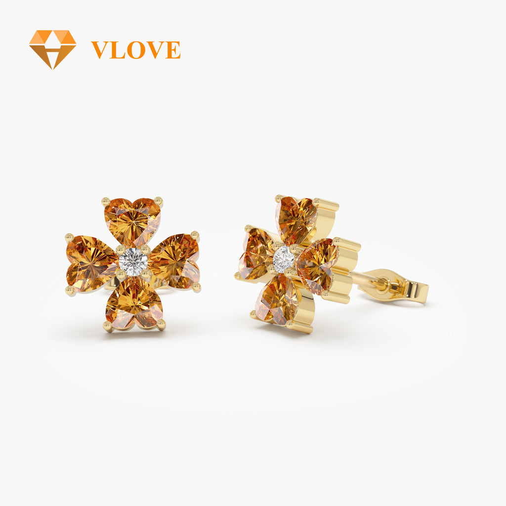 14K Garnet Amethyst Peridot Topaz Citrine Clover Stud Earrings | Four Leaf Lucky Charm with Gemstone Accent | Semi-Precious Gemstone Jewelry | VLOVE