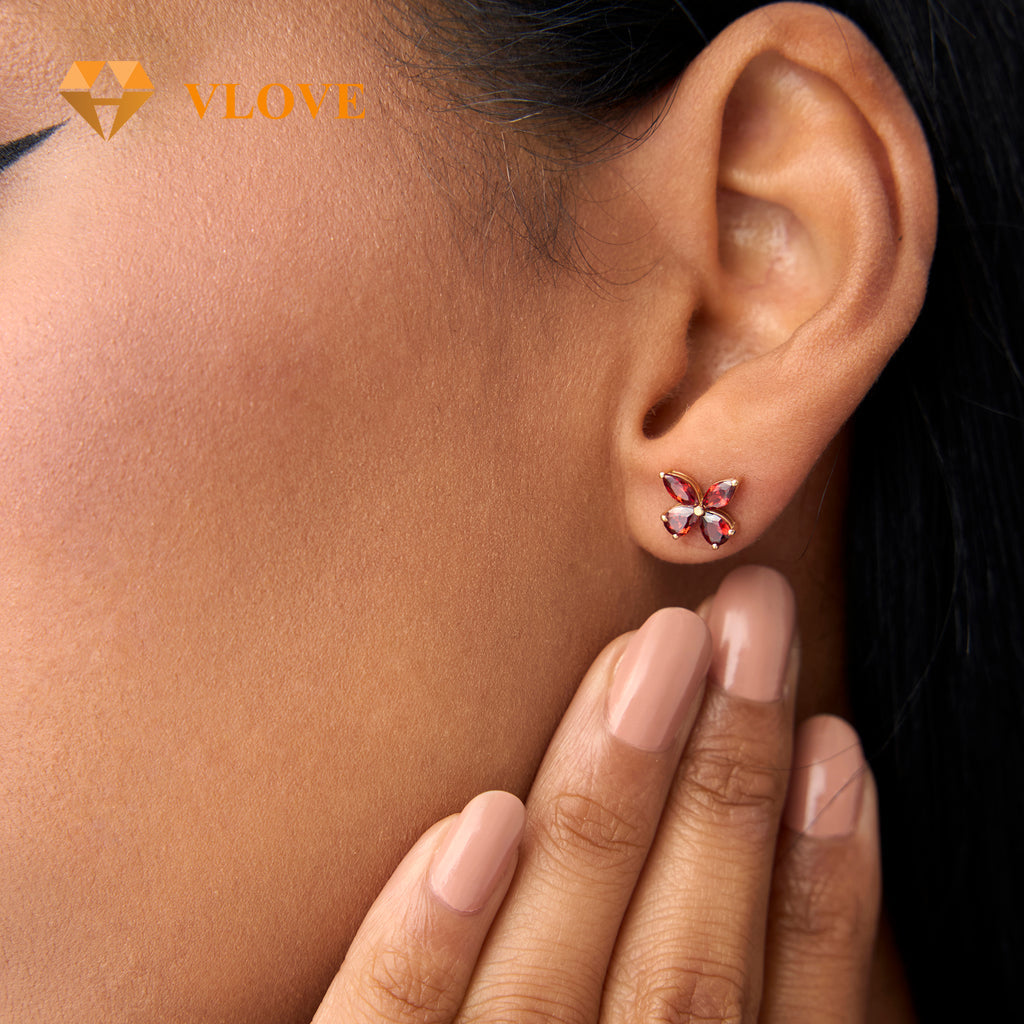 14K Red Garnet Butterfly Stud Earrings | Party Jewelry with Green Peridot Yellow Citrine Purple Amethyst London Blue Topaz | Dainty Gold Earrings for Women | VLOVE