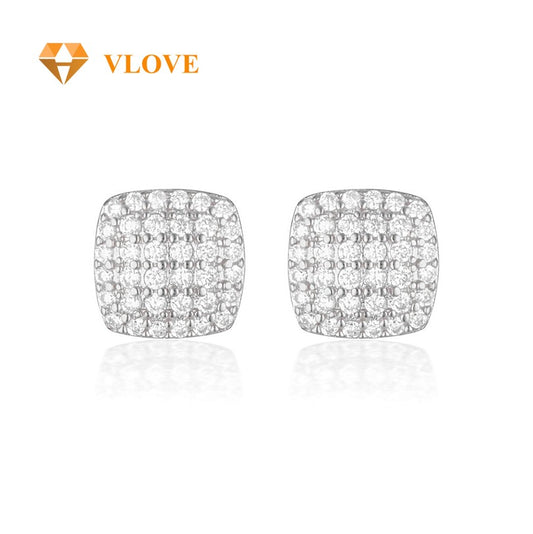 14K Solid Gold Square Diamond Stud Earrings | Full Pave Round Diamond Setting | Luxury Unisex Jewelry | VLOVE