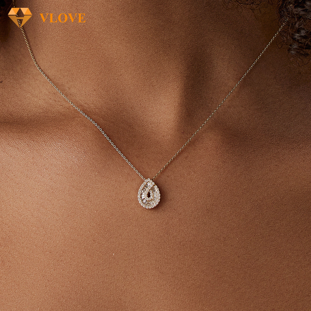 Teardrop Diamond Necklace | 14K Gold Baguette & Round Cut Natural Diamonds | Statement Pendant Jewelry | VLOVE