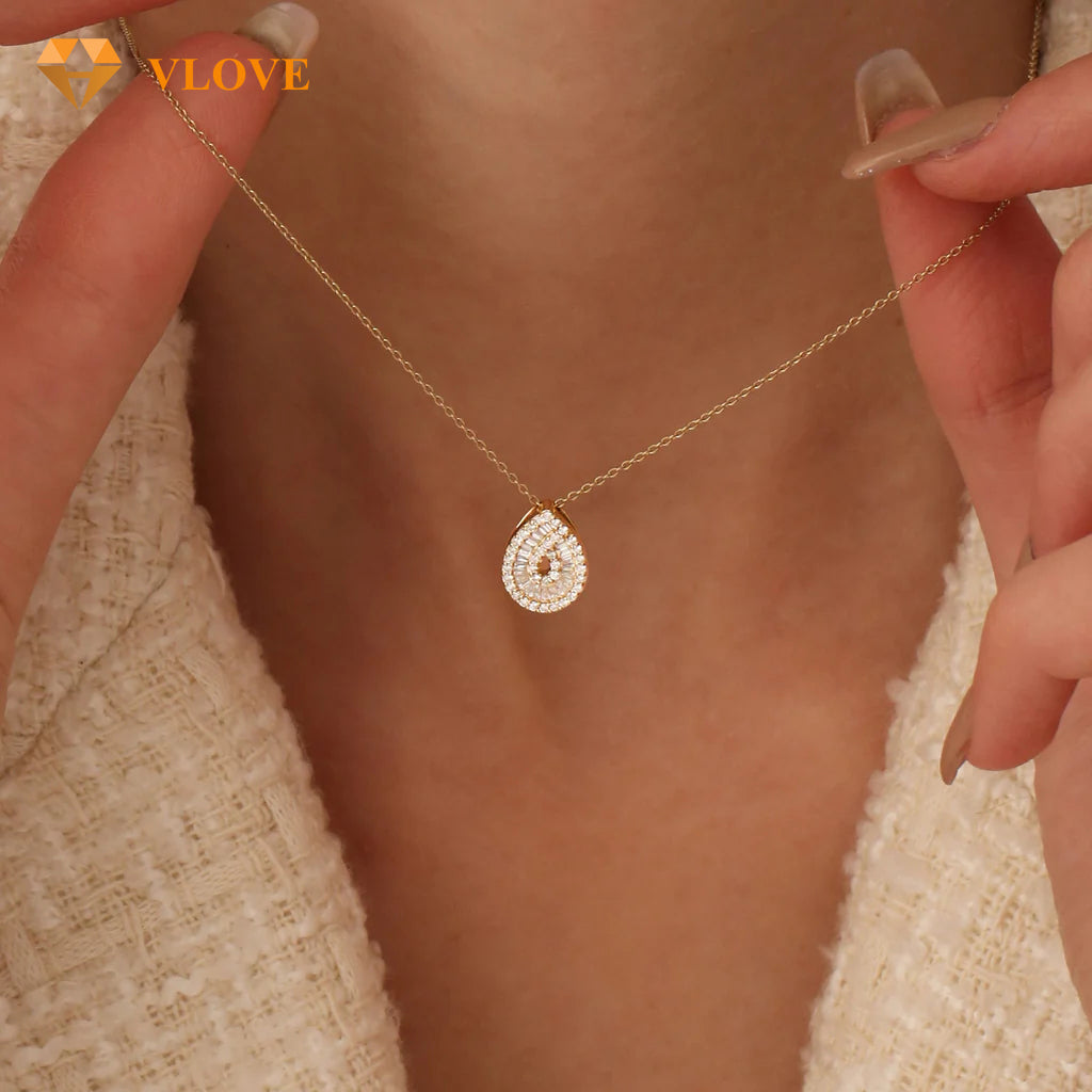 Teardrop Diamond Necklace | 14K Gold Baguette & Round Cut Natural Diamonds | Statement Pendant Jewelry | VLOVE
