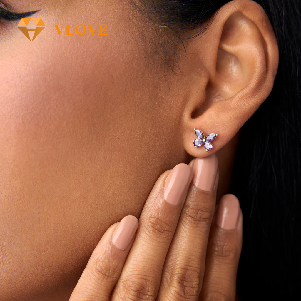 14K Red Garnet Butterfly Stud Earrings | Party Jewelry with Green Peridot Yellow Citrine Purple Amethyst London Blue Topaz | Dainty Gold Earrings for Women | VLOVE