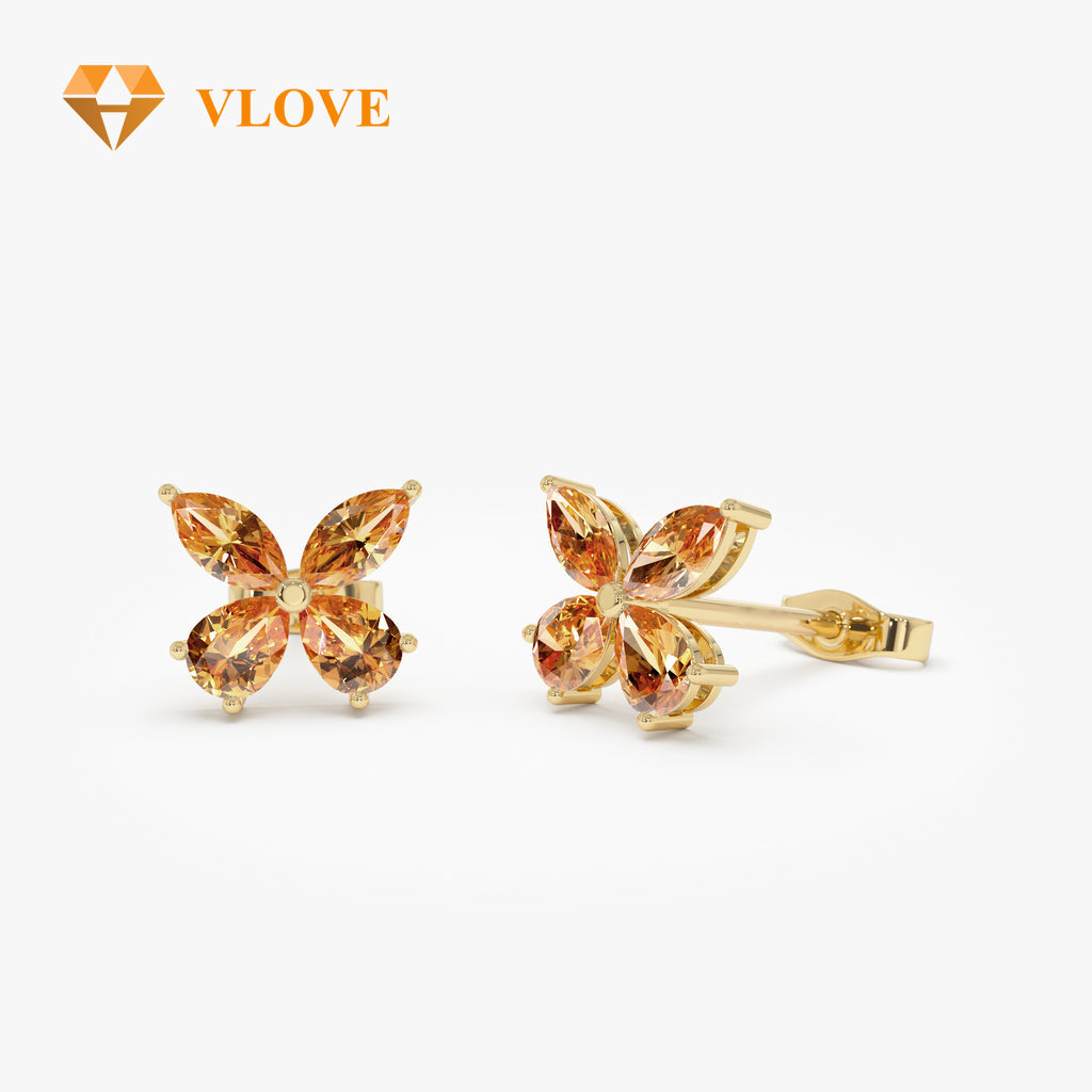 14K Red Garnet Butterfly Stud Earrings | Party Jewelry with Green Peridot Yellow Citrine Purple Amethyst London Blue Topaz | Dainty Gold Earrings for Women | VLOVE
