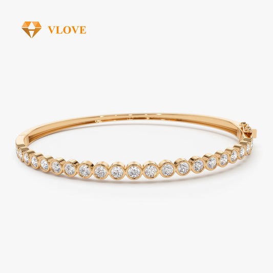 14K Gold Bezel Set Diamond Bangle | Solid Gold Luxury Bracelet for Women | Secure Setting White Stone Jewelry | VLOVE