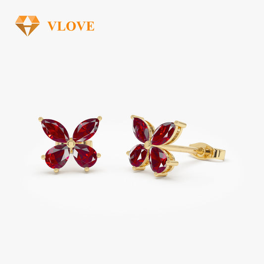 14K Red Garnet Butterfly Stud Earrings | Party Jewelry with Green Peridot Yellow Citrine Purple Amethyst London Blue Topaz | Dainty Gold Earrings for Women | VLOVE