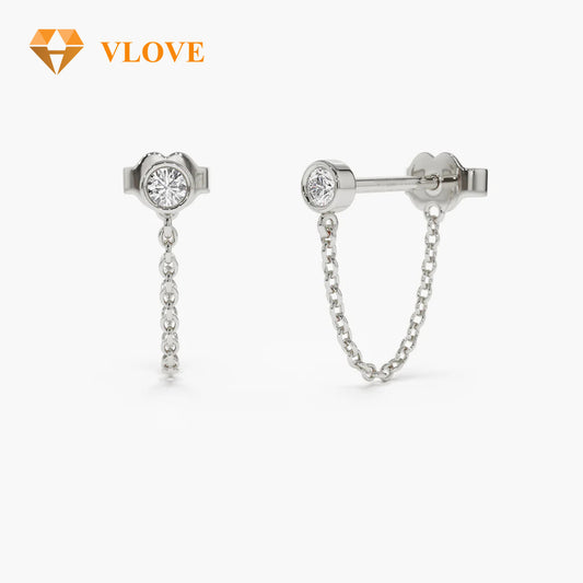 14K Solid Gold Diamond Stud Earrings with Chain Drop | Bezel Setting Luxury Jewelry | Women's Elegant Dangle Earrings | VLOVE