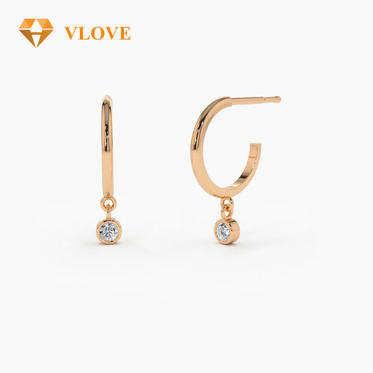 14K Gold Diamond Half Hoop Dangle Earrings | Party Jewelry with Drop Design | Simple Elegant Earrings for Women | VLOVE