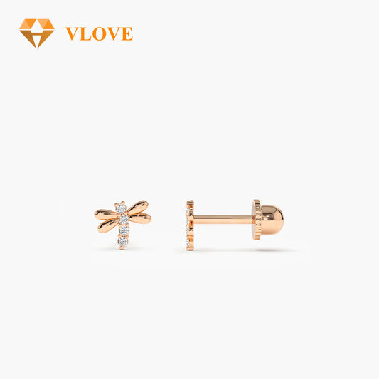 14K Gold Dragonfly Diamond Stud Earrings | Helix Piercing Jewelry | Personalized Cute Earrings | VLOVE