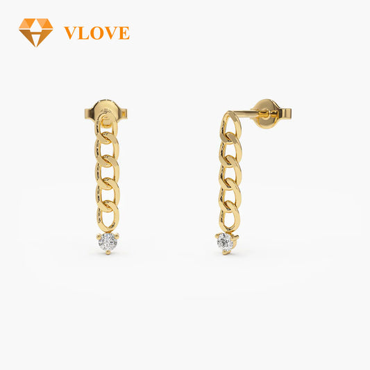 14K Gold Cuban Link Diamond Earrings | Luxury Dangling Chain Earrings | Statement Jewelry for Women | VLOVE