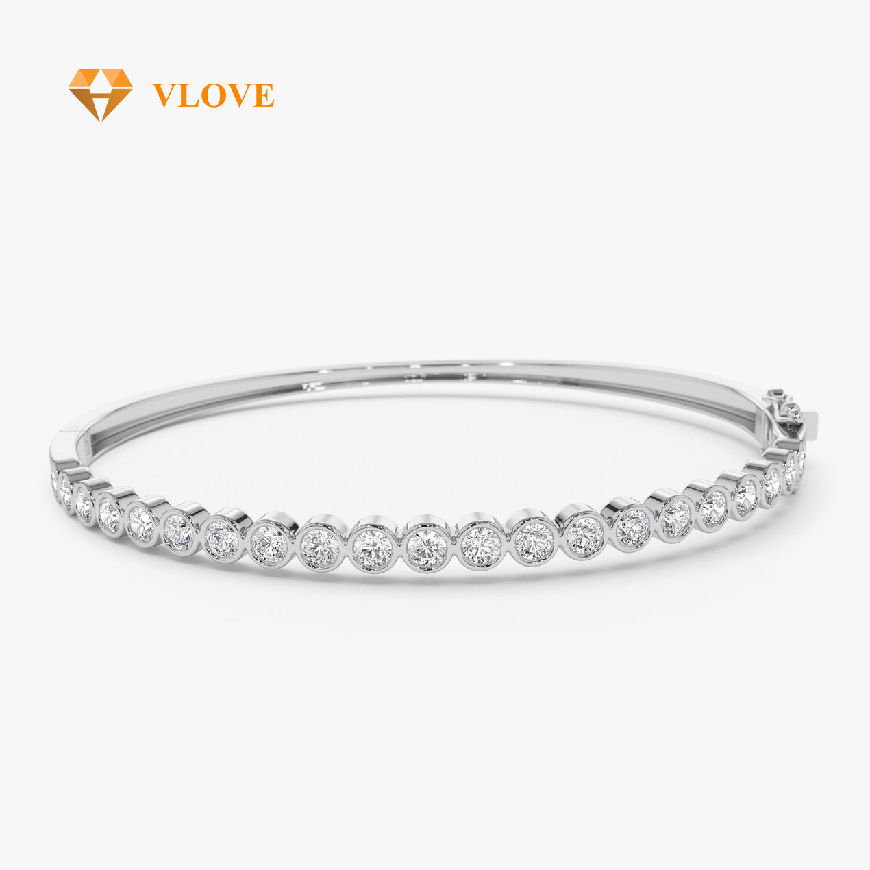14K Gold Bezel Set Diamond Bangle | Solid Gold Luxury Bracelet for Women | Secure Setting White Stone Jewelry | VLOVE